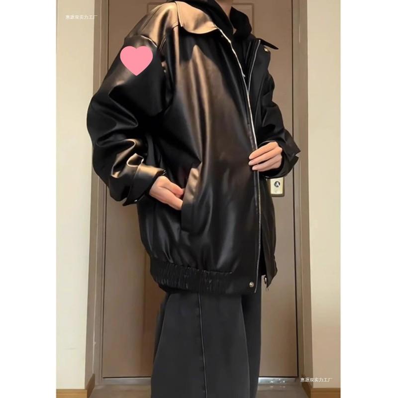 Mens Black PU Leather Jacket Loose Fit Biker Style Hooded Outerwear Casual Streetwear