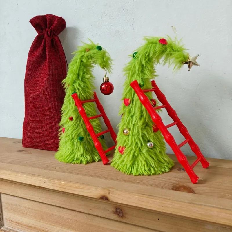 Bendable Plush Christmas Tree Holiday Desktop Ornament with Mini Ladder for Party Decorations