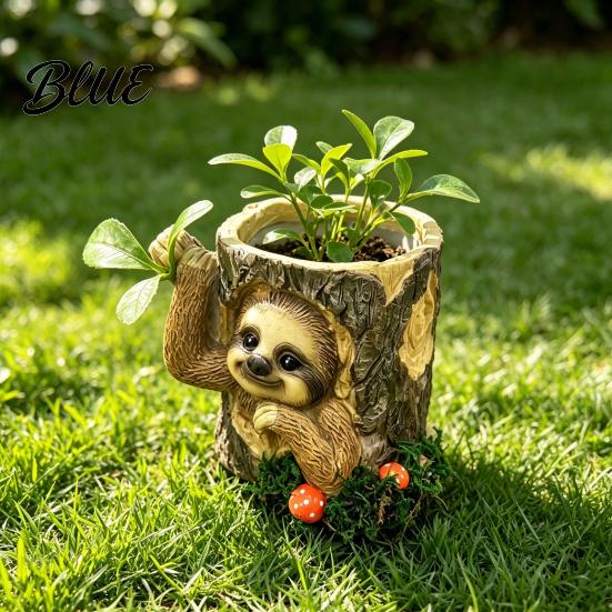Cute Animal Shaped Planter Artificial Stump Planter Resin Tree Bark Shape Flower Pot with Koala/Frog/Sloth Rustic Bonsai Small Barrel Bucket