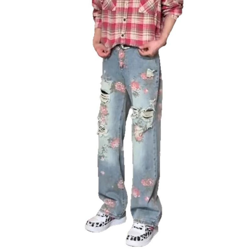 Mens High-Waisted Straight Cut Denim Jeans With Floral Print Distressed Details Casual Wear