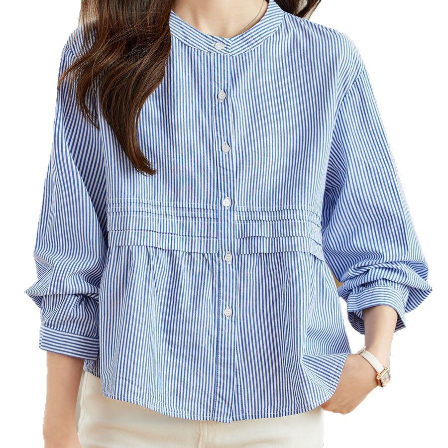 2025 Women's Pure Cotton Striped Long Sleeve Round Neck Shirt – Comfortable, Breathable, Versatile Casual Classic