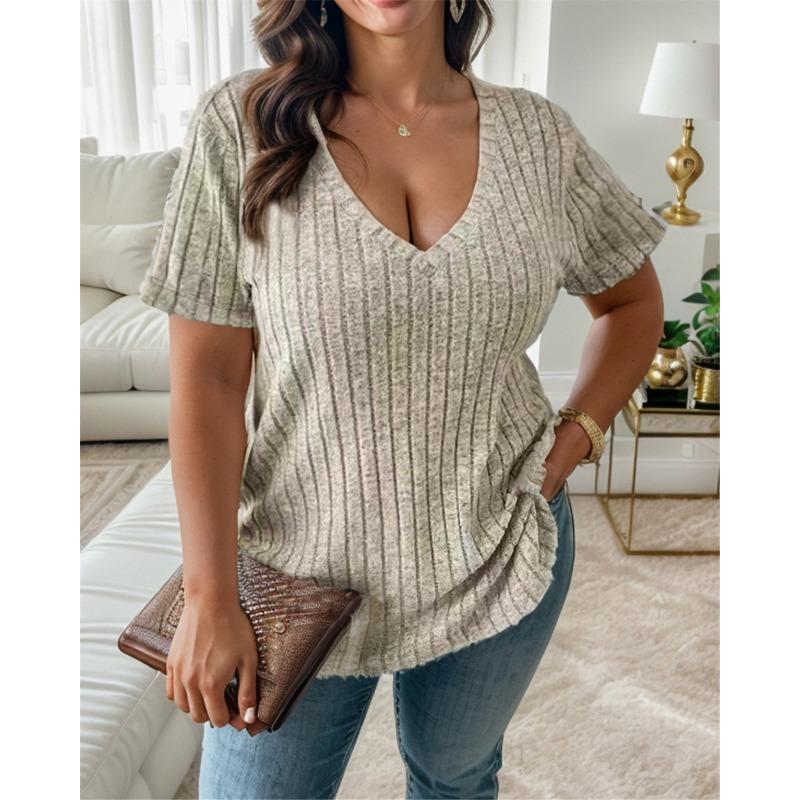 Spring Summer Women's Tops Solid Color V-neck Loose Pit Stripe Brushed Short Sleeved T Shirt