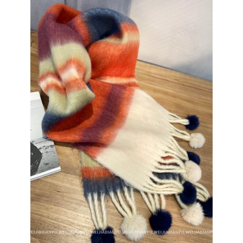 Only home, keep N strips for yourself! Real Rex Rabbit Hairball! Thick Hair Flu Pulled Tassel Striped Big Scarf Big