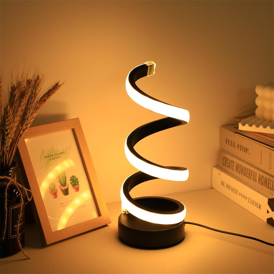 Lampe de table LED moderne avec USB - luminosité réglable, lumière blanc chaud, design en spirale, convient pour chambre à coucher, salon, éteint