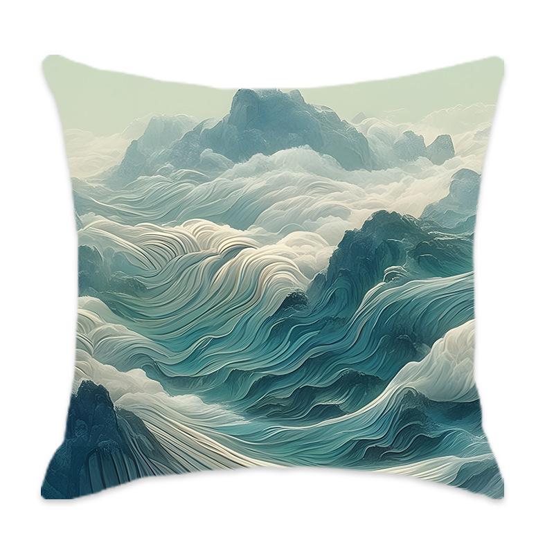 New Cyan Chinese Mountain Series Pillow, Comfortable and Soft Car Home Bedroom Bedside Pillow Cushion