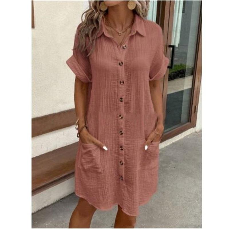 Summer Simple V Neck Button Cotton And Linen Dress Women's Loose Casual Shirt Skirt Suitable For Daily Commuting