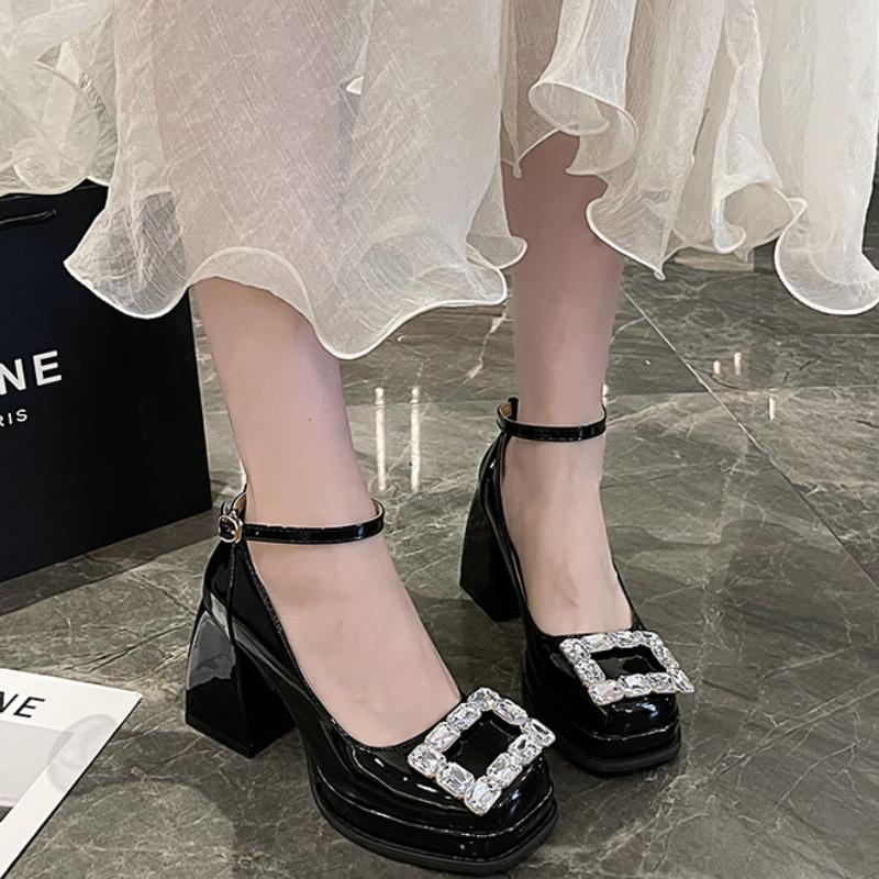 Crystal Buckle Platform Pumps Women Thick Heels Mary Jane Shoes Woman Leather Square Toe High Heels Shoes Laides Chaussure Femme
