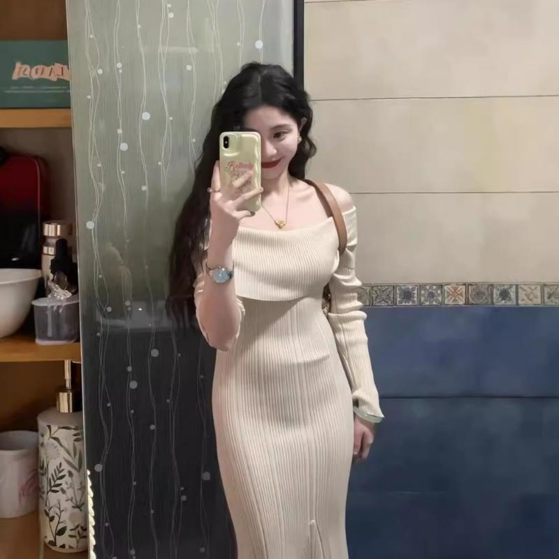 Temperament One-word Shoulder Knitted Dress Autumn Sexy Elegant Slim Fit Beautiful Sweater Hip Skirt