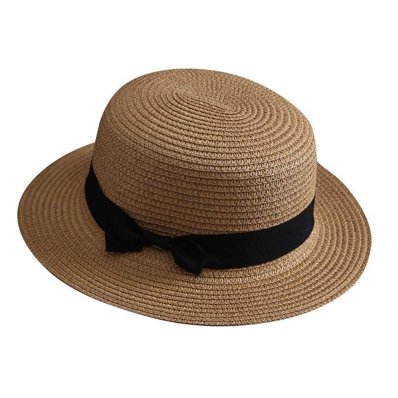 Flat top straw hat women's beach sunscreen bow top hat photo vacation straw weaving simple temperament sun hat