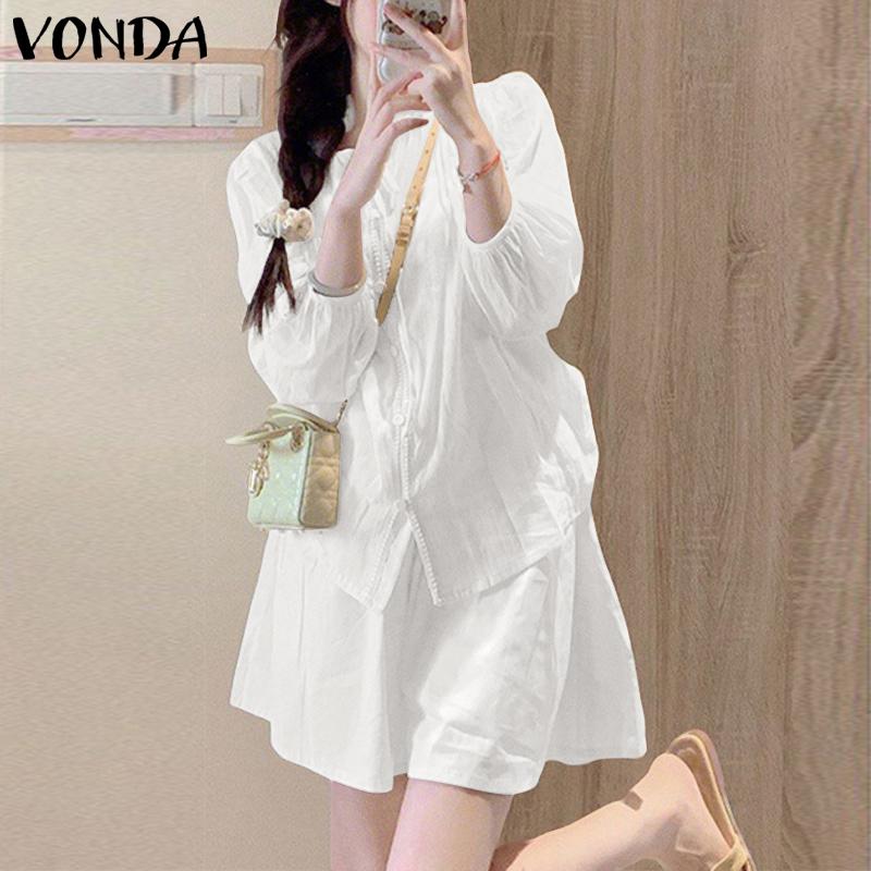 VONDA Two Pieces Women Crochet Hem Buttons Blouse Elastic Waist Shorts Outfits
