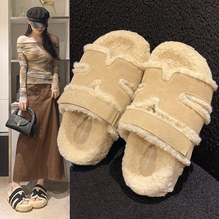 Deer and Girlfriend, Fluffy Slippers for Women's Wear 2025 New Autumn and Winter Leather Thick-soled Lamb Wool H Second Uncle Slippers