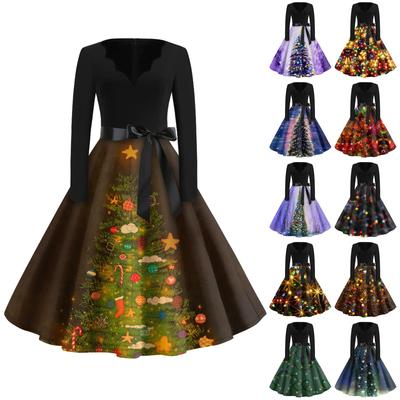 Kadın Günlük Moda V Yaka Uzun Kollu Noel Baskılı Vintage Uzun Elbise