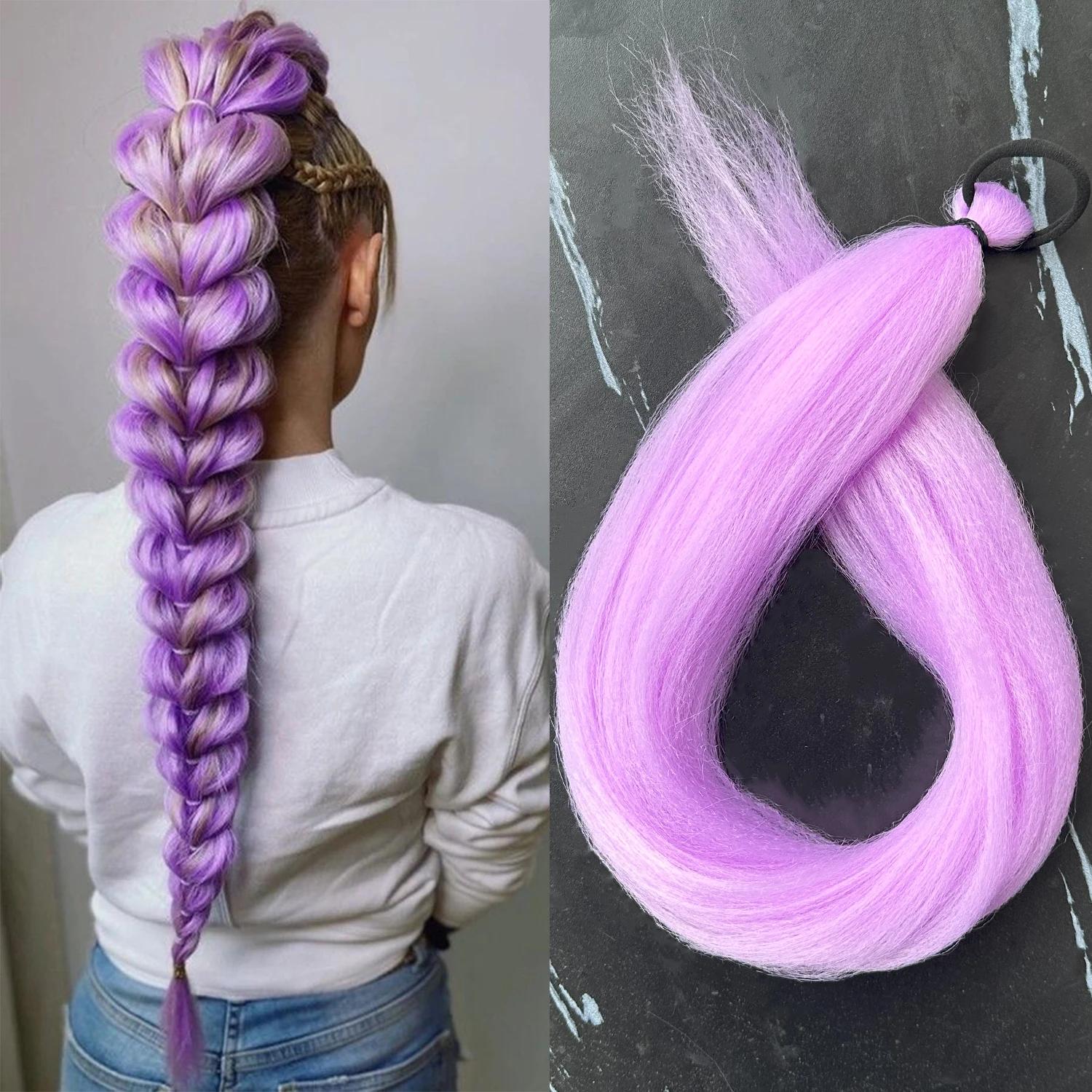

Synthetic 28Inch Long Straight Ponytail Purple DIY Braided Ponytail with Rubber Band Halloween Hair Accessories for Woman 28inches