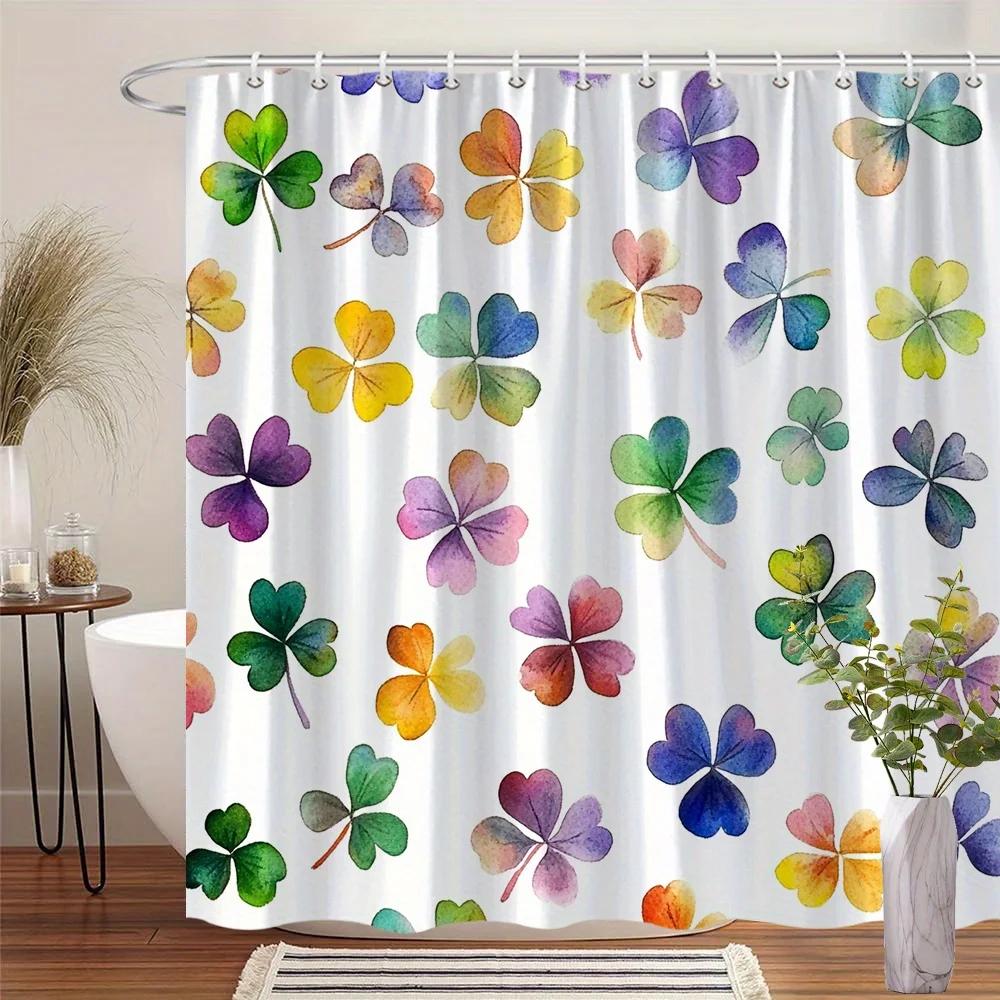Four-Leaf Clover Curtain - Digital Watercolor, Green/Yellow/Red/Blue, Polyester,  12 Hooks, Machine Washable, Festive Decor W90xH180cm