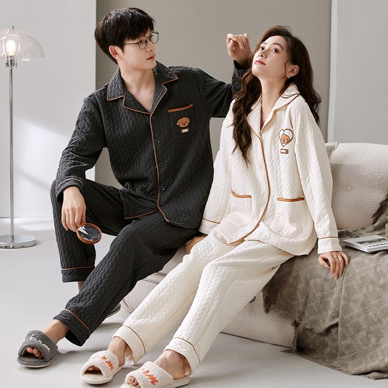 Couple's Warm Cartoon Pajamas Set: Thick Cotton, Korean Style, for Women & Men, Autumn/Winter