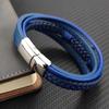 New Arrival Classic Stainless Steel Blue Cross Braided Genuine Leather Bracelets Magnetic Clasp Mens Charm Bangles Wholesale
