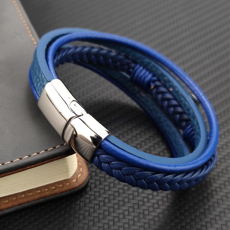 New Arrival Classic Stainless Steel Blue Cross Braided Genuine Leather Bracelets Magnetic Clasp Mens Charm Bangles Wholesale