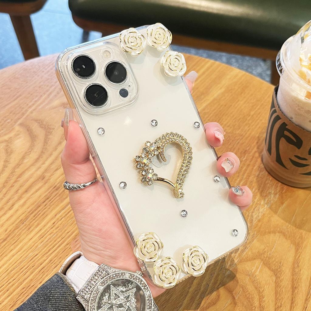 For iPhone 16 Pro Max Case Rhinestone Heart Rose Decor Soft TPU Clear Phone Back Cover