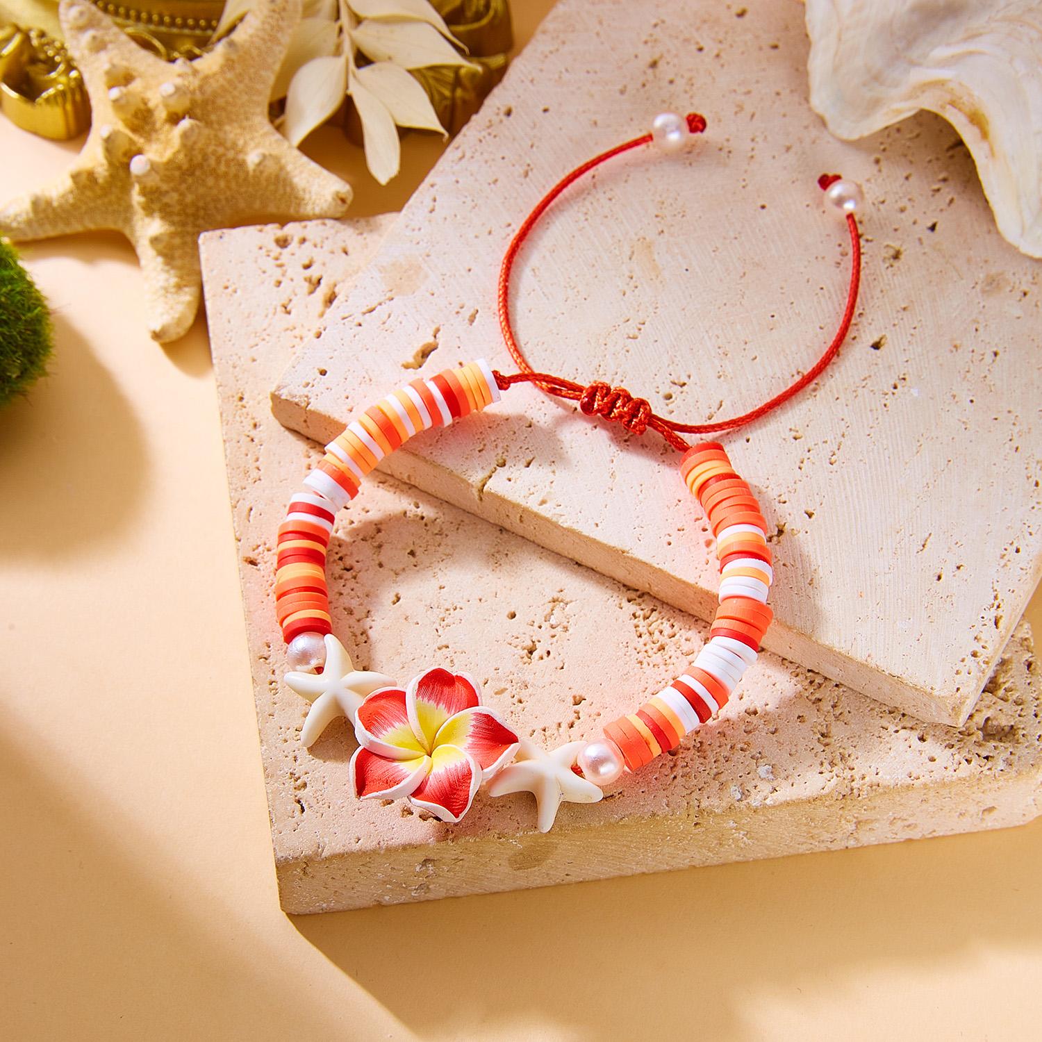 

Polymer Clay Flower Starfish Drawstring Bracelet Handmade Braided Accessory Bohemian Beach Vacation Style Holiday Gift