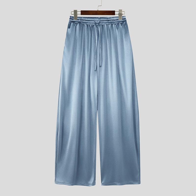 

INCERUN Men s Elastic Waist Smooth Shiny Long Wide Legs Pants Trousers and White Semi-Sheer 4XL синий