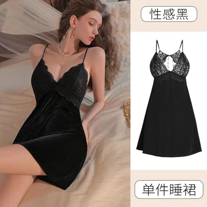 Sexy velvet pajamas deep V velvet women s nightgown lace splicing suspenders chest pad girl pure desire loungewear M