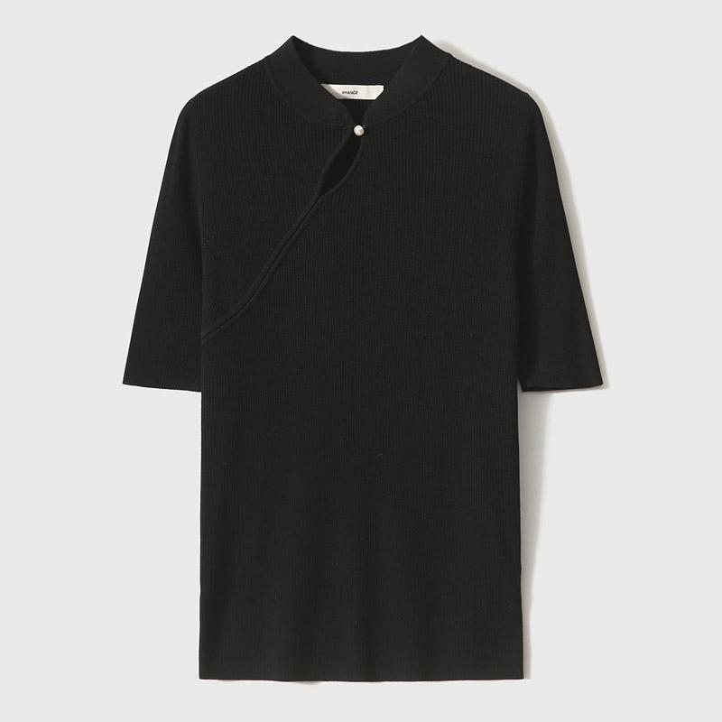 Women Sweaters Pullovers 2025 Summer Short Sleeve Stand Collar Black Slim Knitted Sweater Women Tops Pullover JJ222