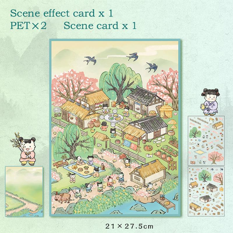 1Set Autocolante Peisaj Stil Antic Chinezesc Stereoscopic Miniatură Colaj Scenă Autocolante Decompresie Autocolante Cont Mână