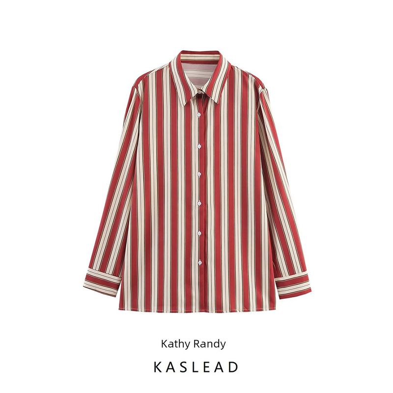 Kaslead New Arrival Women's Fashion Style Stylish Simple and Versatile Stripes Waist-Tight Commute Style Shirt Tops