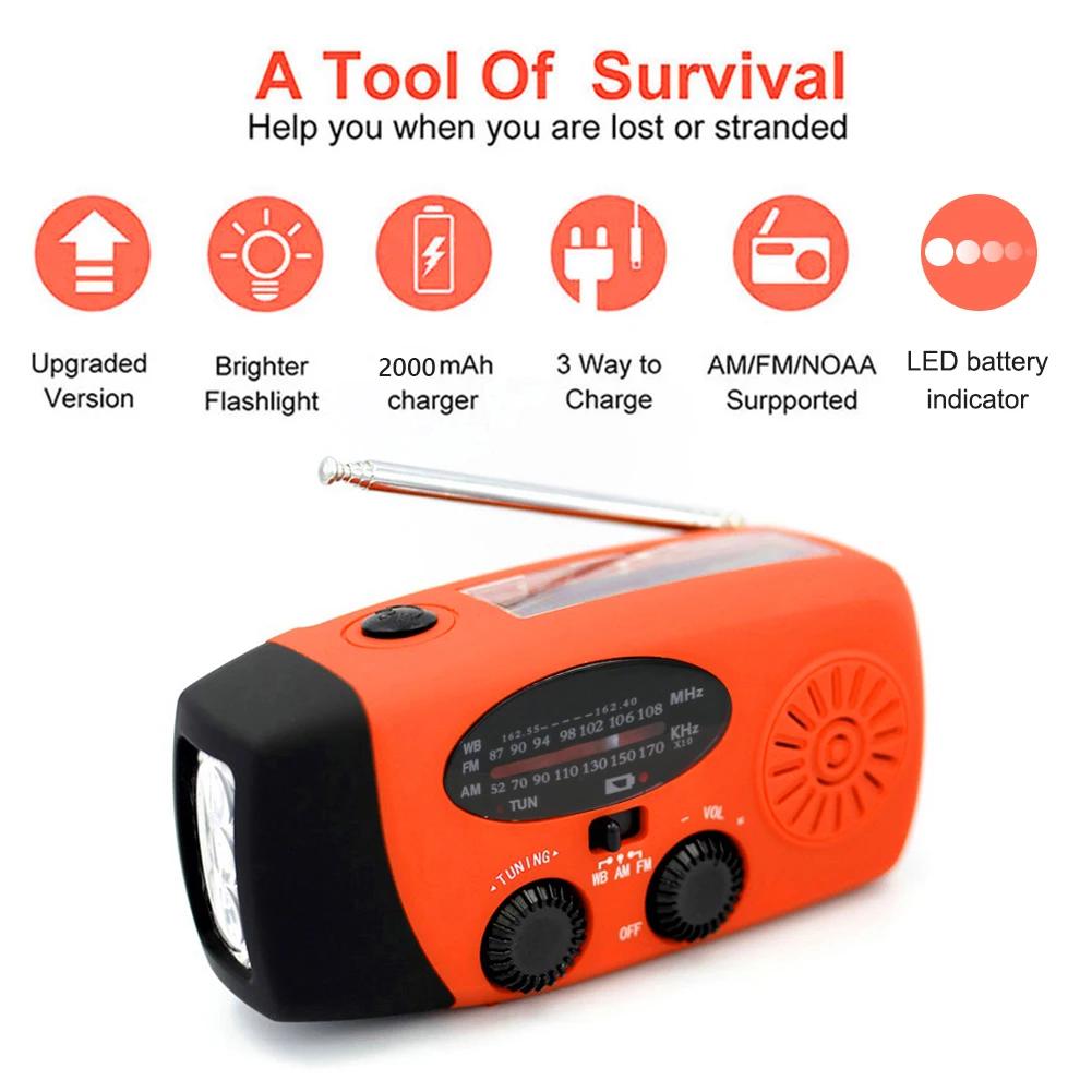 AM/FM Emergency Radio Solar Powered Hand Crank Radio with LED Flashlight 2000/10000mAh Power Bank Phone Charger SOS Alarm