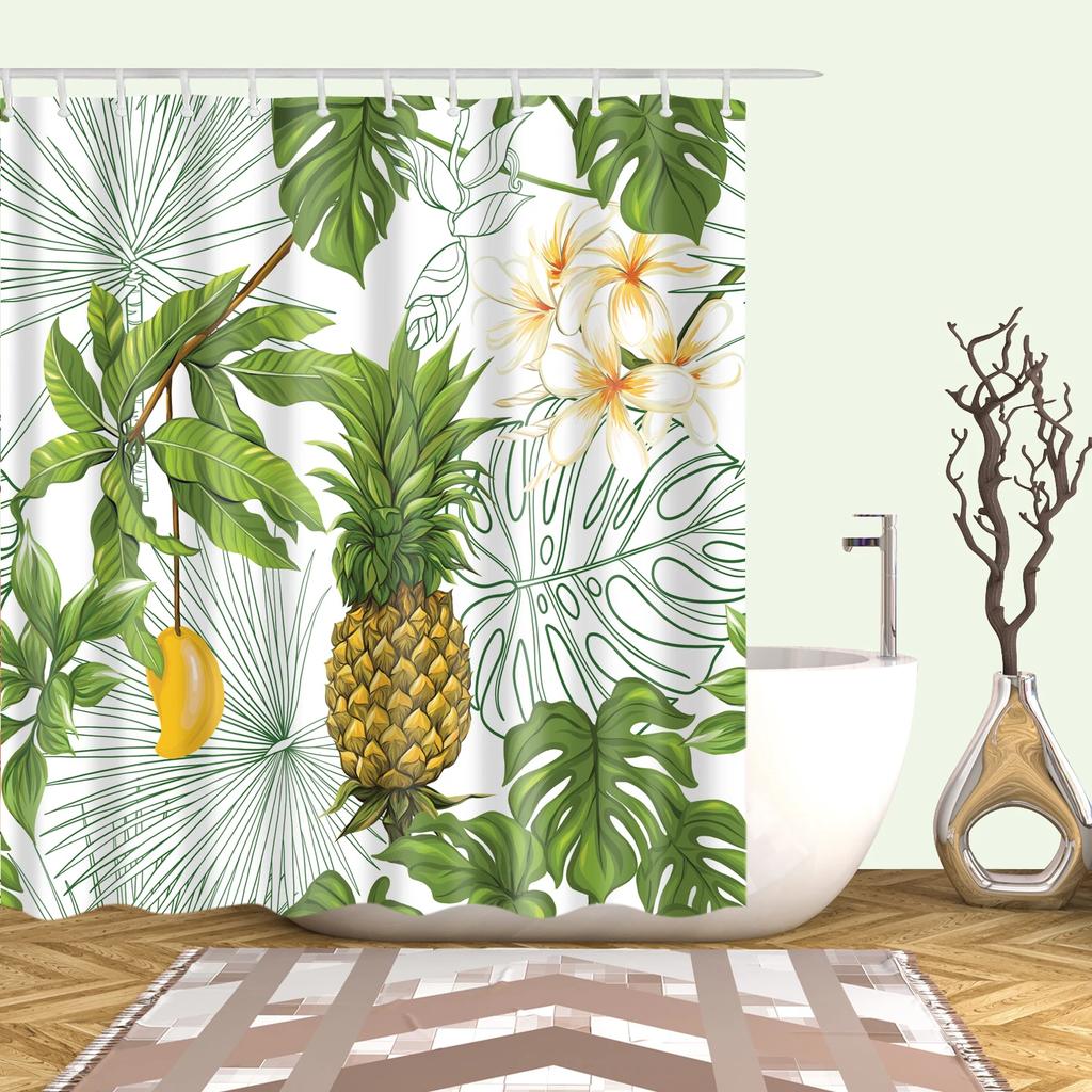 Watercolor Tropical Leaves Shower Curtain Waterproof Mildew Resistant Polyester Fabric With 12 Hooks Easy Installation For Bathr