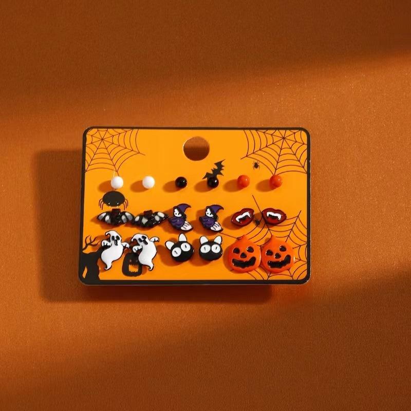 Hot Sale Halloween Stud Earrings Combination Cartoon Funny Pumpkin Head Ghost Bat Element Stud Earrings Set