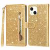 For iPhone 15 Glittery Zipper Pocket Leather Case Wallet Stand Anti-drop Phone Cover