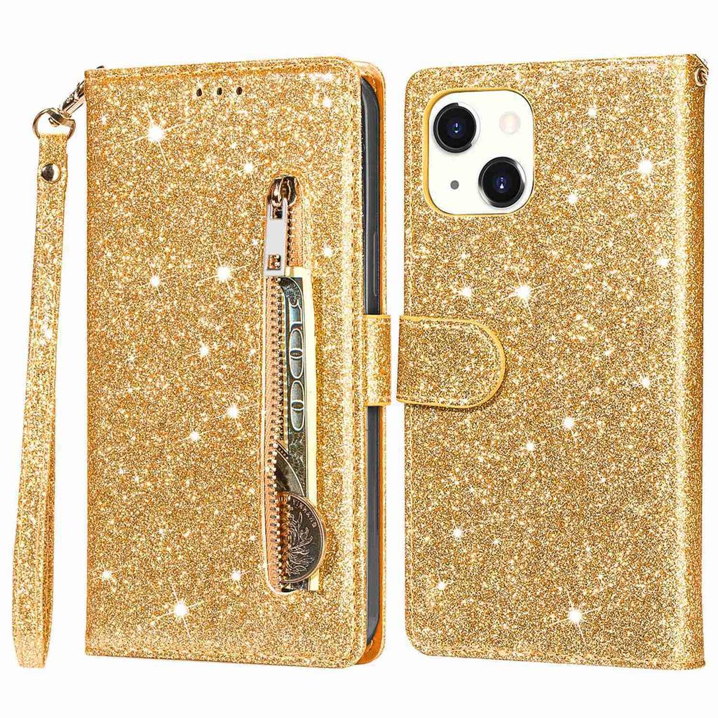 For iPhone 15 Glittery Zipper Pocket Leather Case Wallet Stand Anti-drop Phone Cover