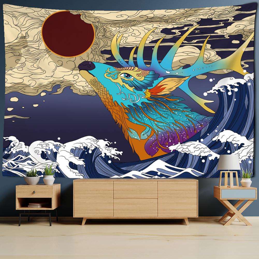 Japanese Illustration Tapestry Wall Hanging Kanagawa Wave Printing Bohemian Hippie Bedroom Home Decor