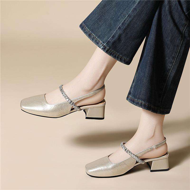 Light luxury Mary Jane shoes square head rhinestone early spring single shoes outer wear single shoes high-end thick heel ballet women's shoes