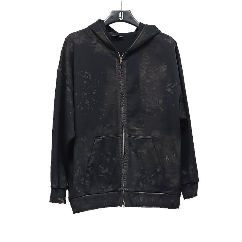 23SS Schwarz Schlammgefärbt Used Reißverschluss Kapuzenpullover Jacke