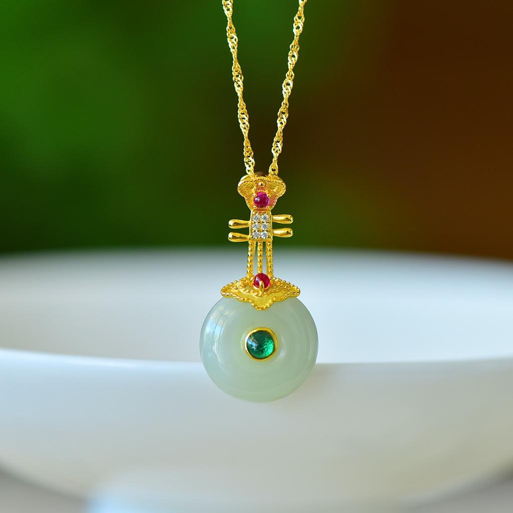 Hotan Jade S925 Silver Inlaid Safety Clasp Pendant for Women