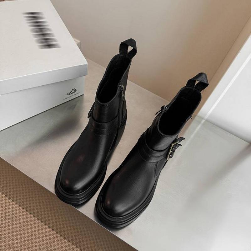 New Women's Leather Boots Leather Mid-heel Thick-soled Non-slip Martin Boots Autumn and Winter Side Zipper Large Size Cowhide Low Boots