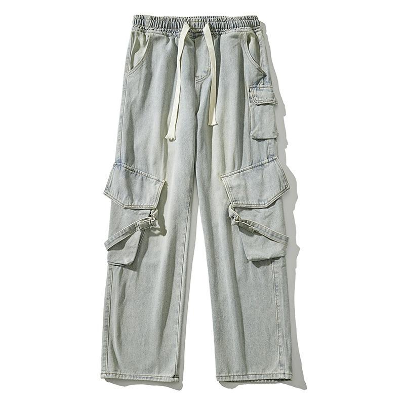 Mens Light Wash Drawstring Waist Multi Pocket Cargo Wide Leg Jeans M жёлтый