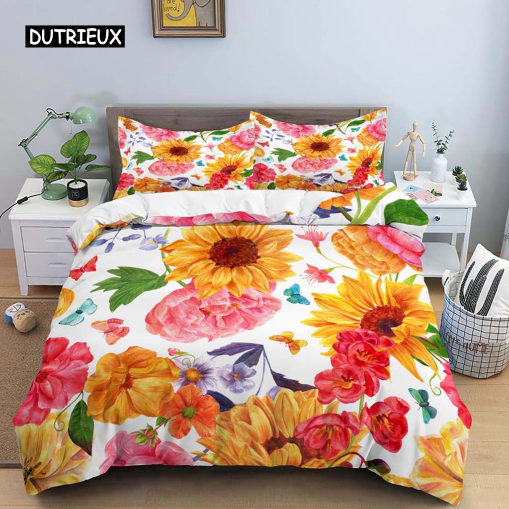 Vintage Blume König Königin Bettbezug, Pfingstrose Sonnenblume Bettwäsche-Set, Tropischer Blumen Steppdeckenbezug Boho Bettdeckenbezug