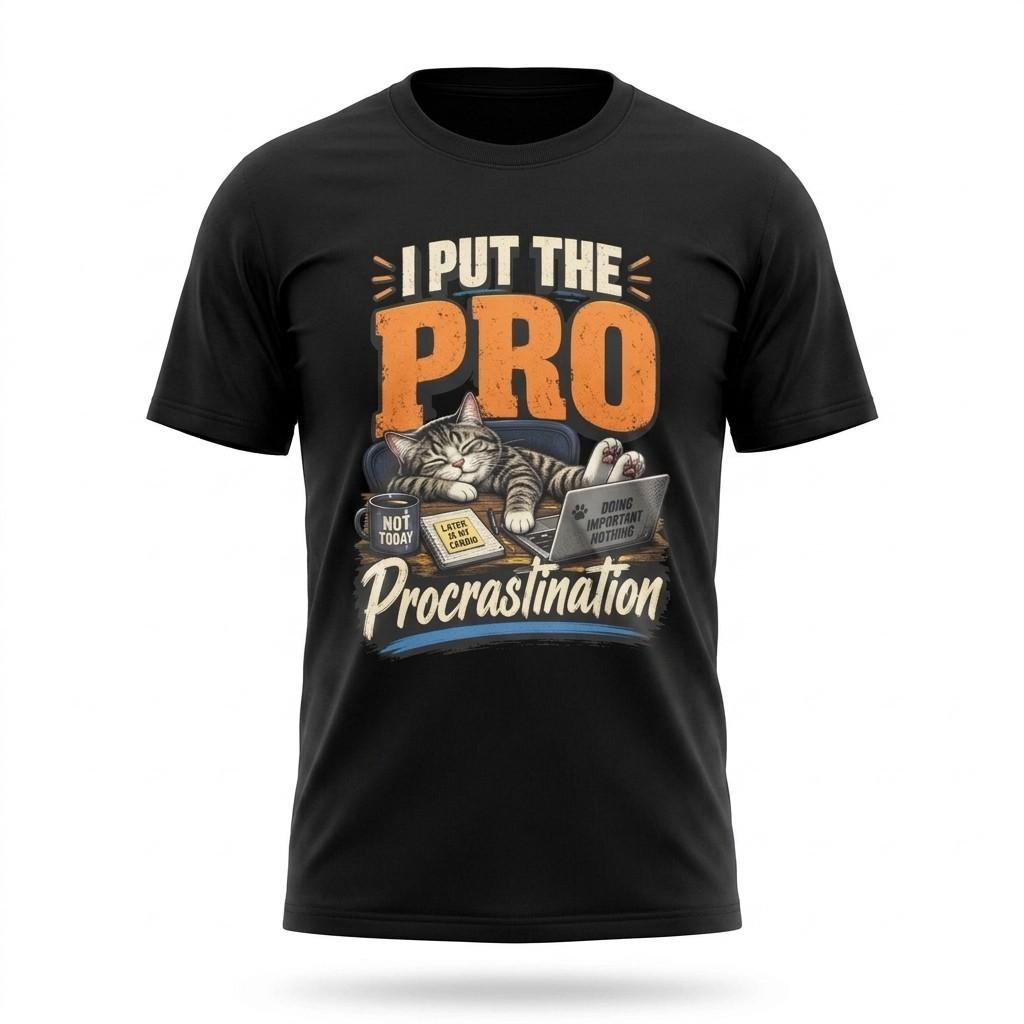 I Put the Pro in Procrastination Funny Sleeping Cat Black T-Shirt