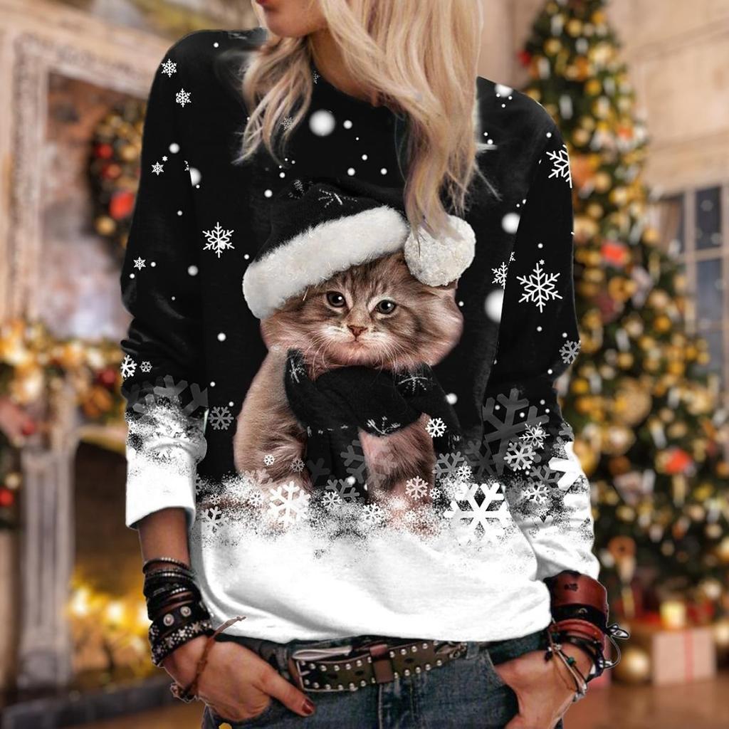 Christmas Women's Sweatshirt Cat Sportswear Holiday Print Christmas Casual Round Neck Long Sleeve Top Micro Stretch S-3XL
