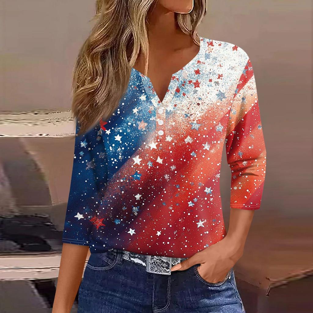 Dam T-shirt Tee Självständighetsdagen Tryckt Knapp 3/4 Ärm Tunika Vardag Helg Mode Grundläggande V-ringning Normal Topp