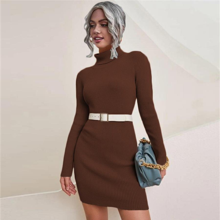 

Women s Chunky Knit Long Sleeve High Neck Sweater Dress for Fall/Winter XL коричневий
