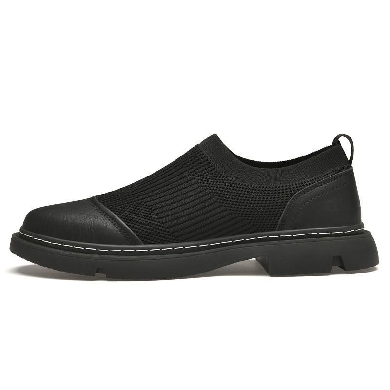 Men's Breathable Knit Mesh Slip-on Loafers - Spring/Summer Casual Low-top, Patchwork Design, Hidden Height Boost, Leather Details
