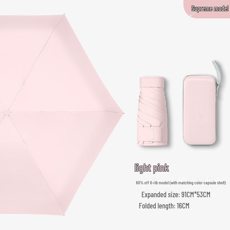 Compact Ultra-Light Six-Fold Capsule Umbrella with Black Glue Sun Protection and Hook