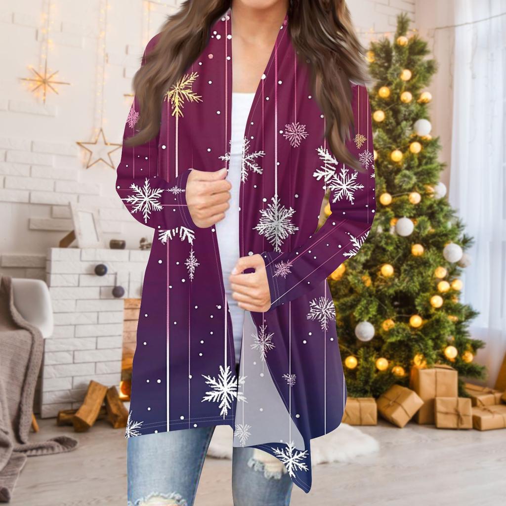 Women's Fashion Casual Christmas  Print Medium Length Cardigan Jacket Coat