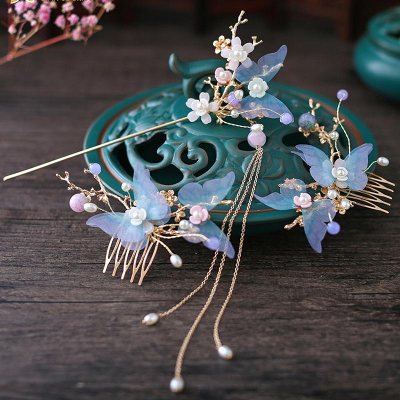 Fresh Headdress for Han Chinese Clothing Handmade Blue Hair Comb Hairpin/Hair Accessories Combination Set Retro-Style