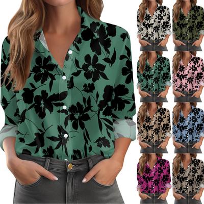 Women's Shirt With Floral Print Buttons, Long Sleeved Casual Regular Shirt Collar Top