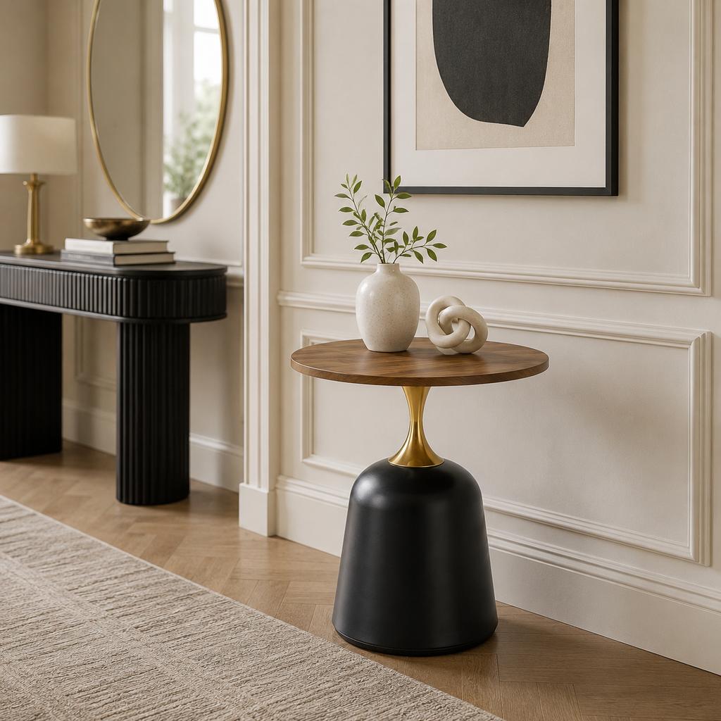 60 cm Round Side Table, Living Room Table with Metal Frame, Simple, Modern Tabletop in Walnut Look, Unique Round Desk for the Bedroom or Next to the